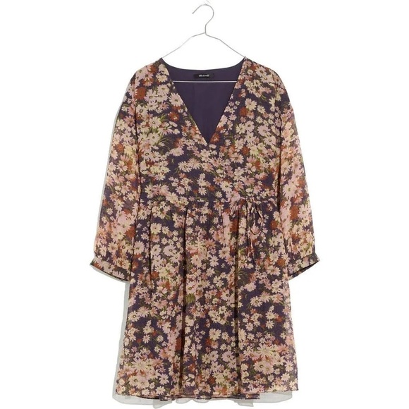 Madewell Dresses & Skirts - Madewell garden Floral Faux Wrap Mini Dress Large Daisy Long Sleeve Drawstring